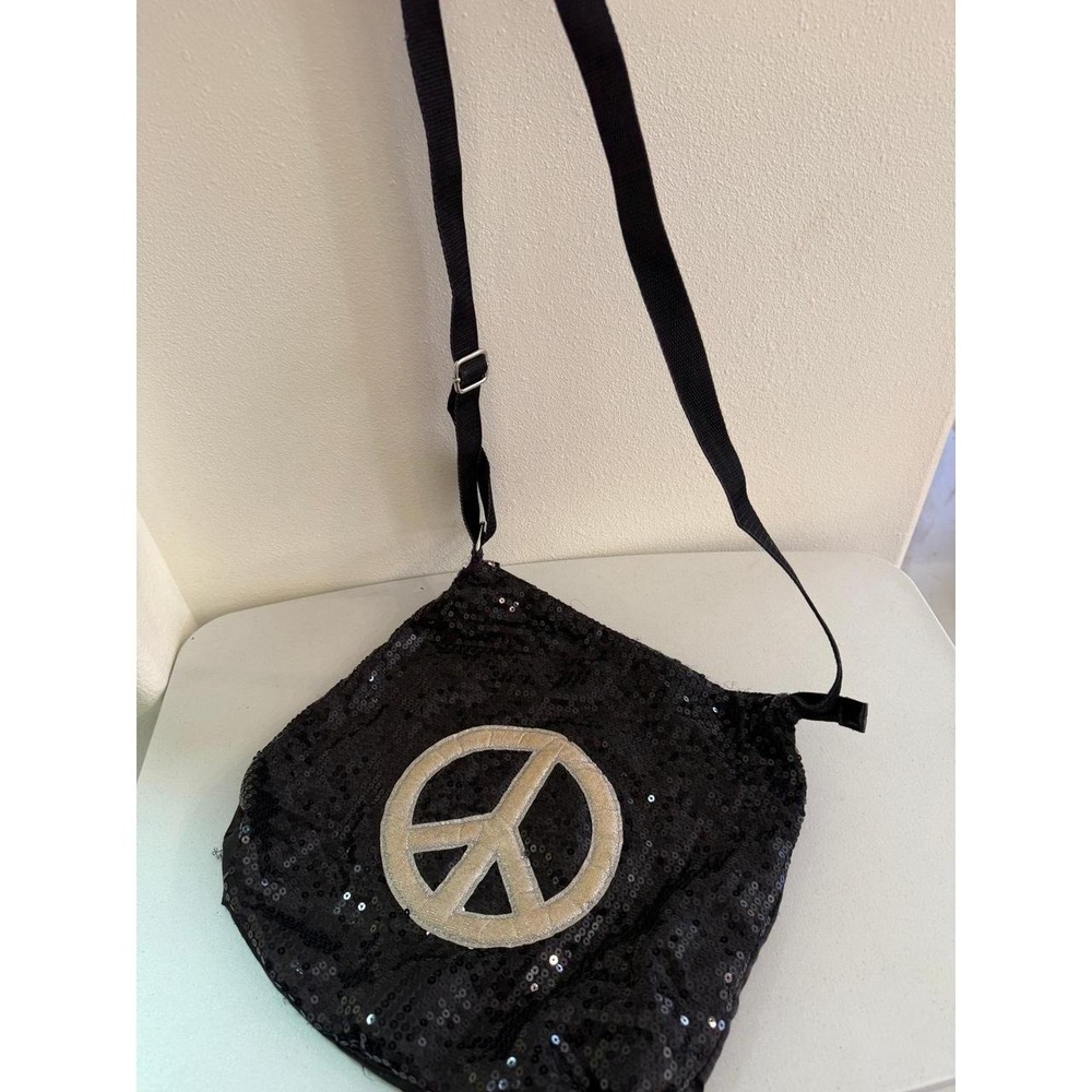 deb & dave LA NY Black Sequin Peace Sign Crossbody Bag Y2K Adjustable Strap - Picture 2 of 6